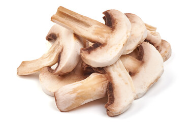 Sliced champignons, close-up, isolated on white background.