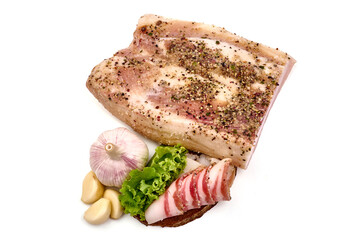 Salted bacon, pork brisket, isolated on white background. High resolution image.