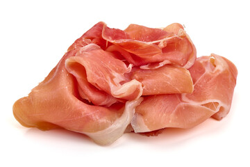 Italian prosciutto, jerked meat slices, isolated on white background.