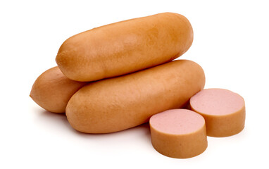 Boiled pork sausages, isolated on white background.