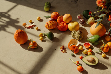 Still life of tropical fruits included citruses, avocados and dragonfruit in window light - obrazy, fototapety, plakaty