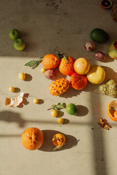 Overhead shot of still life of tropical fruits