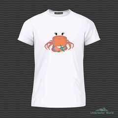 White t-shirt with cute crab with starfish. Vector Illustration