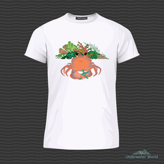 White T-shirt with cute crab and corals. Vector Illustration