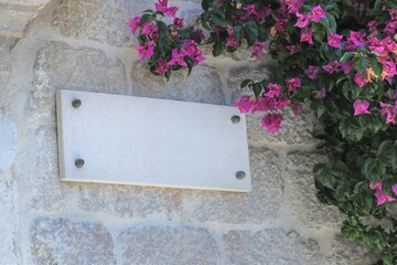 White empty rectangular marble plate on the old stone wall and beautiful pink flowers in the angle.
