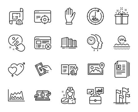 Vector set of Business portfolio, Engineering documentation and Photo location line icons set. Discount button, Cv documents and Pay money icons. Flags, Engineering plan and Reject web signs. Vector