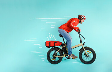 Fototapeta premium Deliveryman runs fast with electric bike to deliver pizza