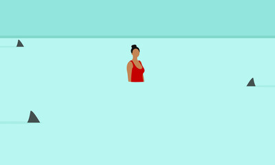 Obraz premium Female character in a red swimsuit in the water surrounded by sharks