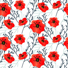 Pattern with red poppies. Vector illustration isolated on white background. For use in prints, packaging, advertisements, covers and brochures, and flower shops.