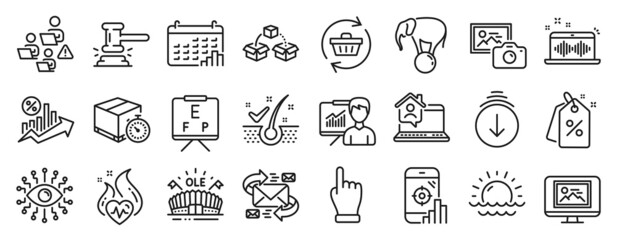 Set of Business icons, such as Music making, Calendar graph, Sports arena icons. Seo phone, Sunset, Anti-dandruff flakes signs. Click hand, Teamwork, Discount tags. Cardio training, E-mail. Vector