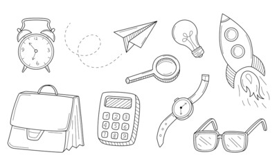 A set of doodle icons. Business, work, startup. Decorative elements drawn with a pen. Black and white outline vector illustration. Isolated on a white background.