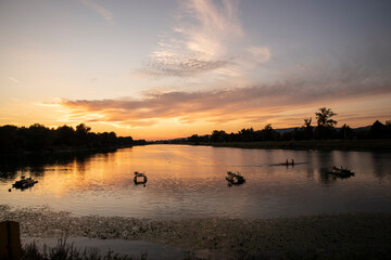 Fototapeta premium Magical sunset over Jarun lake in Zagreb city, Croatia, popular recreation and water sports zone