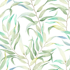 Foliage seamless pattern, floral watercolor print with tender green and turquoise leaves on white background.