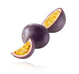 Fresh ripe passion fruit falling in the air - obrazy, fototapety, plakaty
