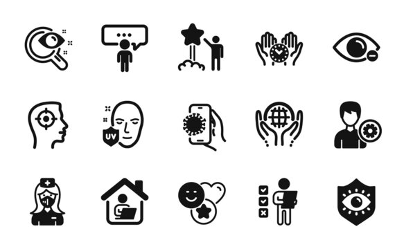Vector set of Covid app, Vision test and Consulting business icons simple set. Voting ballot, Star and Organic tested icons. Uv protection, Recruitment and Support signs. Vector