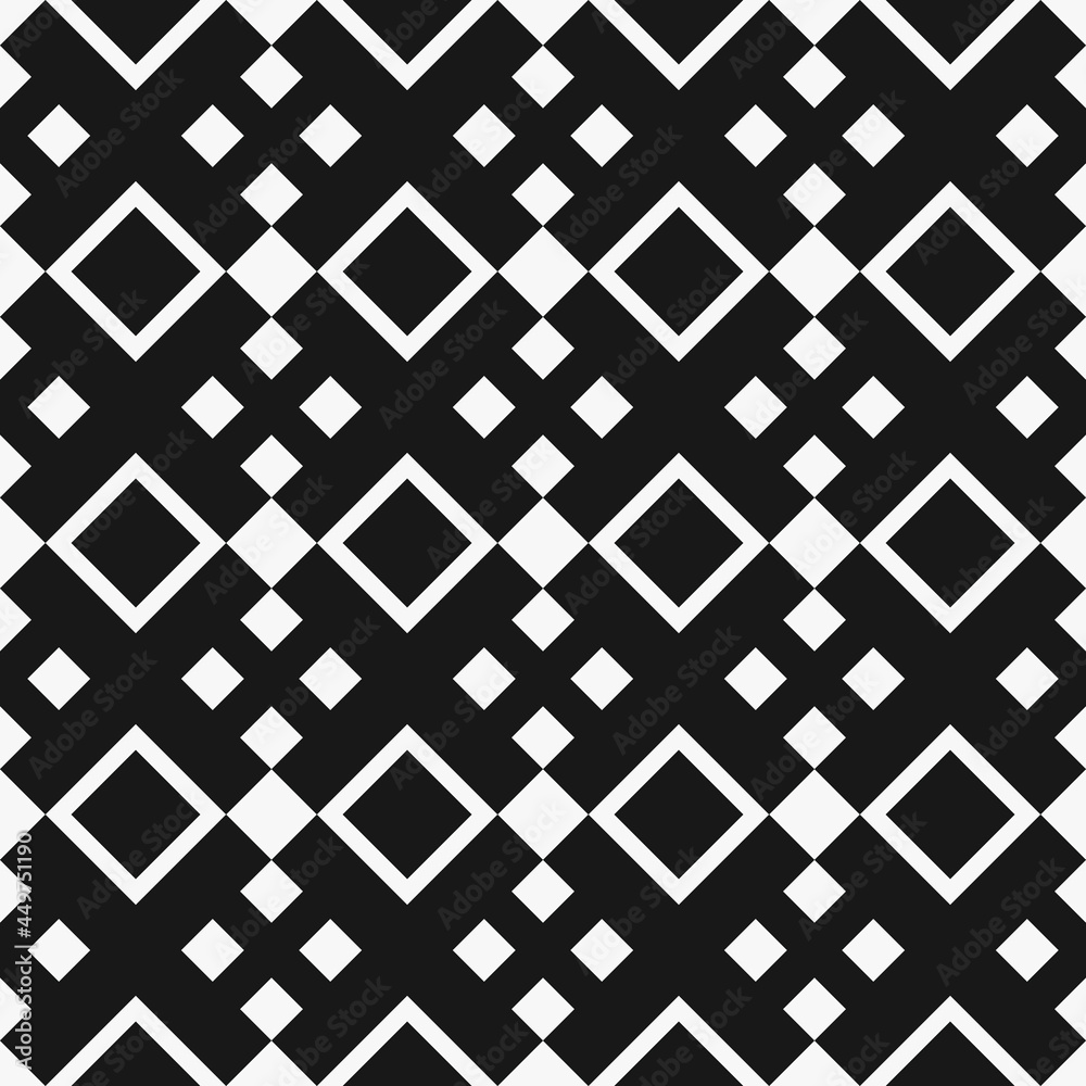 Aufkleber Squares  ornament. Vector black crosses and squares in diagonal position. Seamless black shapes make simple pattern.