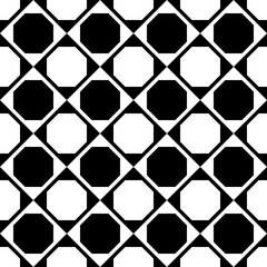 Checker diagonal ornament with octagons. Vector seamless black and white cells.