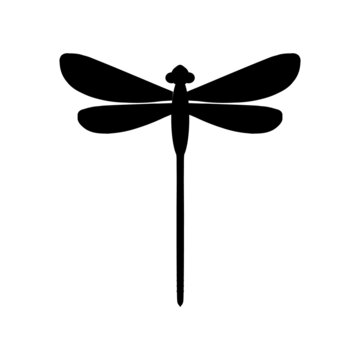 Icon of dragonfly isolated on white background. Black darning-needle silhouette. Flat style flying adder. Vector illustration for logo, web site, packaging, pattern, wrapping