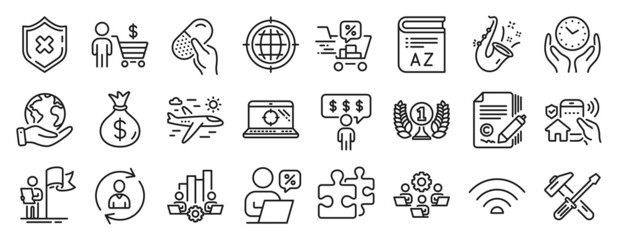 Set of Business icons, such as Save planet, Vocabulary, Reject protection icons. Safe time, Leadership, Person info signs. Hammer tool, Wifi, Employee benefits. Capsule pill, Copywriting. Vector