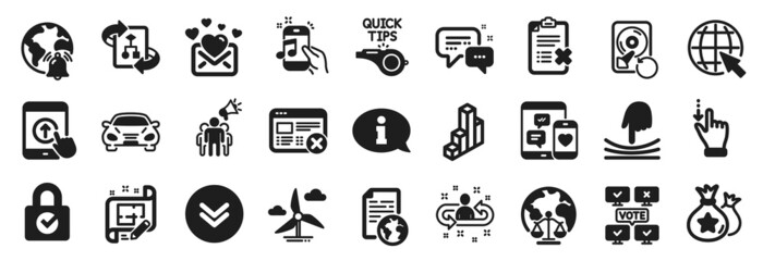 Set of Technology icons, such as Elastic, Architect plan, Online voting icons. Internet notification, Scroll down, Internet signs. Music phone, Employees messenger, Password encryption. Vector