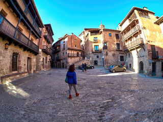 ALBARRACÍN, SPAIN - JUNE 06, 2019: One street of the village of Albarracin, Teruel, Aragon, Spain