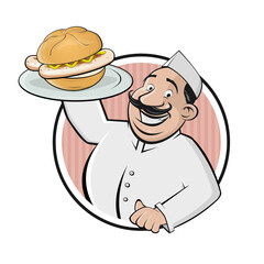funny cartoon butcher serving Bavarian specialty bratwurstsemmel