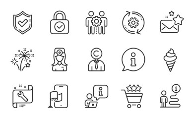 Business icons set. Included icon as Copyrighter, Ice cream, Confirmed signs. Location app, Favorite mail, Spanner symbols. Employees teamwork, Cogwheel, Fireworks. Shopping rating. Vector