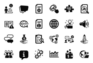 Vector Set of Education icons related to Money diagram, Loud sound and Technical documentation icons. Group, Video conference and Chemical formula signs. Creative idea, Analytics graph. Vector