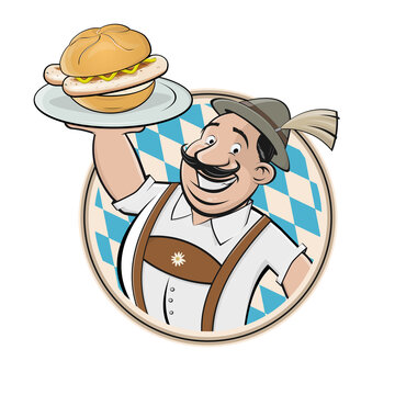 funny Bavarian cartoon man serving Bavarian specialty bratwurstsemmel