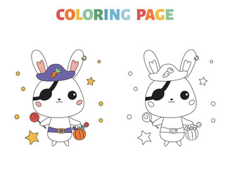Halloween coloring page with cartoon bunny in pirate costume. Kawaii animals. Educational game for preschool kids. Outline vector illustration for coloring book.