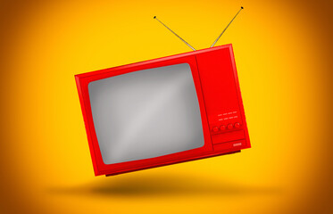 Vintage TV suspended in the air on a yellow background