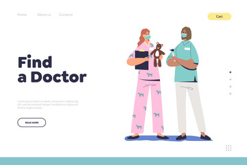 Find doctor on medical platform concept of landing page with pediatrician and kids dentist