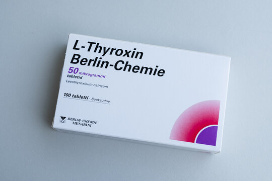 Tallinn, Estonia - July 16, 2021: L-Thyroxin tablets by Berlin-Chemie Menarini for thyroid. Pharmacy and medicine concept.