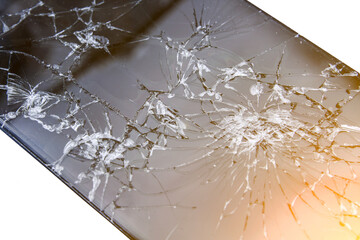 Close up of broken smart phone isolated on white background