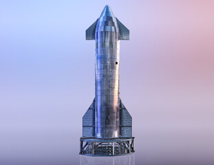 Starship system, reusable super heavy lift launch vehicle rocket. Long duration passenger carrying and cargo spaceship. Spacex starship spaceflight to the Earth orbit, Moon, Mars landing mission, 3D