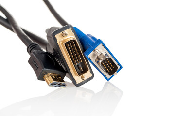Analog and digital video cables, vga, dvi, hdmi, cables connectors for connecting a display, monitor, TV, projector to a computer, laptop, isolated on a white background