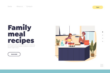 Family meal recipes concept of landing page with mother and daughter cooking at home on kitchen