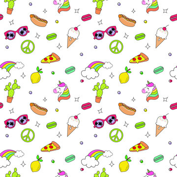 Seamless cute pattern with rainbows, donuts, ice creams and other things.Creative nursery background. Perfect for kids design, fabric, wrapping, wallpaper, textile, apparel
