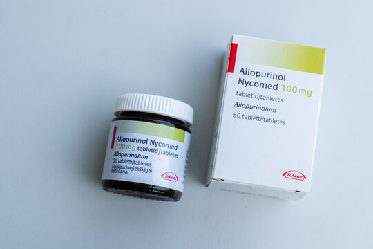 Tallinn, Estonia - July 16, 2021: Allopurinol Nycomed by Takeda for gout treatment. Pharmacy and medicine concept.