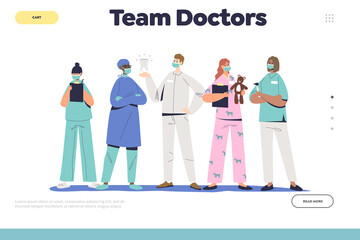 Team of doctors concept of landing page with pediatrician, dentist, surgeon and hospital nurses