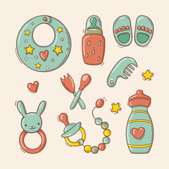 Hand drawn set of toys and accessories for baby