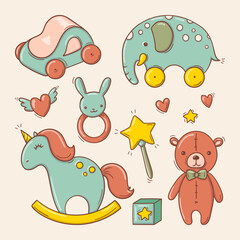 Hand drawn baby colorful toys in doodle style