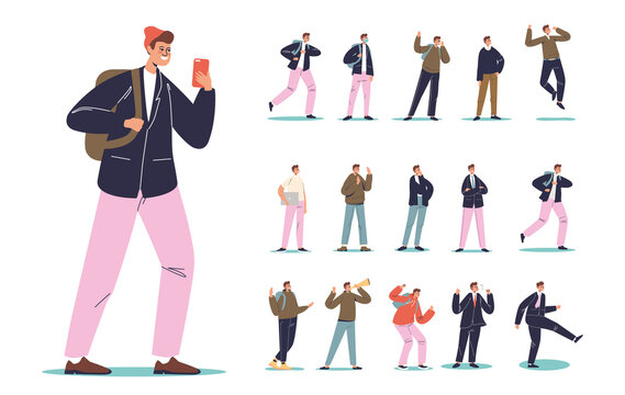 Set of young cartoon man student chatting in smartphone in different lifestyle situations and poses