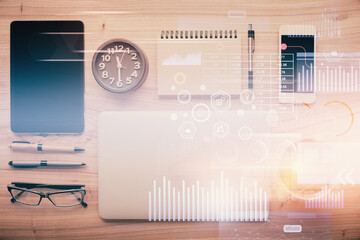 Multi exposure of technology theme drawing over work table desktop. Top view. Global data analysis concept.