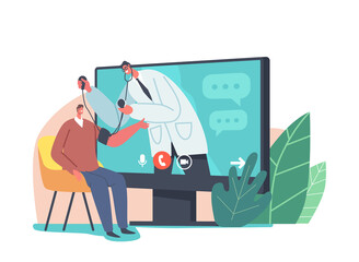 Online Healthcare Service. Doctor Character in White Coat on Pc Screen Measuring Patient Blood Pressure with Tonometer