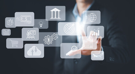 Businessman touchscreen on the graph Screen Icon of a media screen, Technology Process System Business with Communication and marketing concept, Team success, HR Human, Business success