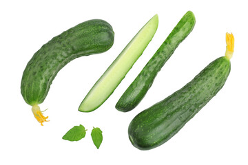 Cucumbers, top view, with a flower, cut, isolated on a white background