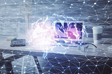 Double exposure of brain drawing and office interior background. Concept of data technology.