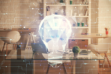 Double exposure of bulb and office interior background. Concept of idea.