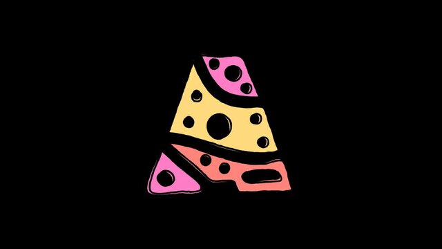 Letter A. 4K video. Alpha channel, transparent background. Abstract pattern on letter. 3 colors. Curved lines. Cartoon Animation. Capital Letter A for title comics, grunge cartoons, game, ABC.